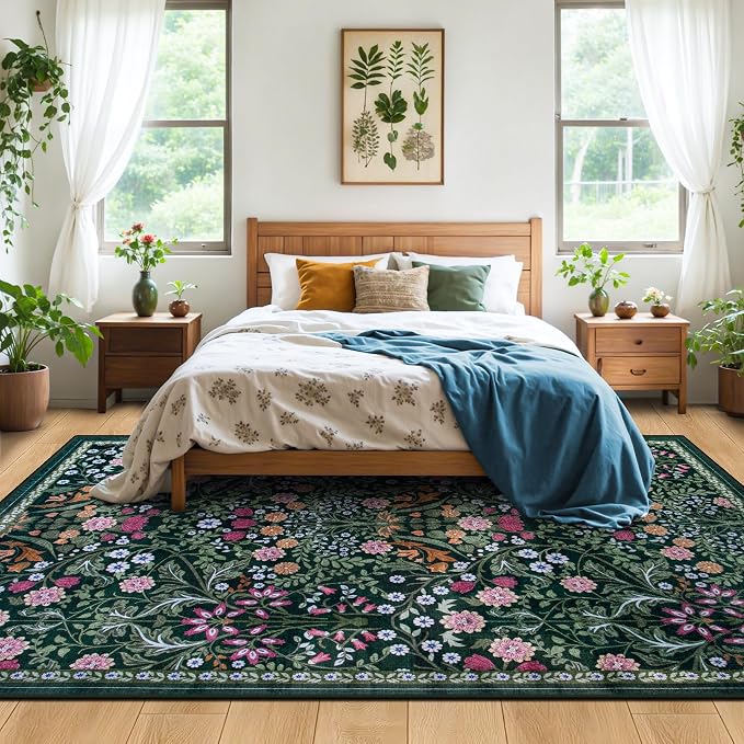 PLHXFR 6x9 Area Rug Living Room: Floral Washable Boho Carpet Dark Green | For Bedroom Dining Room Farmhouse Nursery Hallway,Vintage Floral,Machine washable,Non Slip,Stain Resistant,Large Indoor