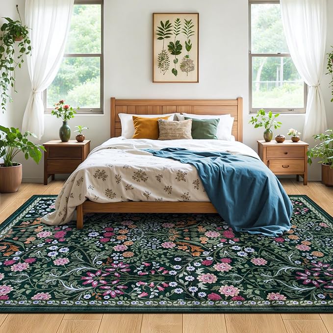 PLHXFR Area Rug Living Room: 4x6 Floral Washable Boho Carpet Dark Green | For Bedroom Dining Room Farmhouse Nursery Hallway,Vintage Floral,Machine washable,Non Slip,Stain Resistant,Large Indoor