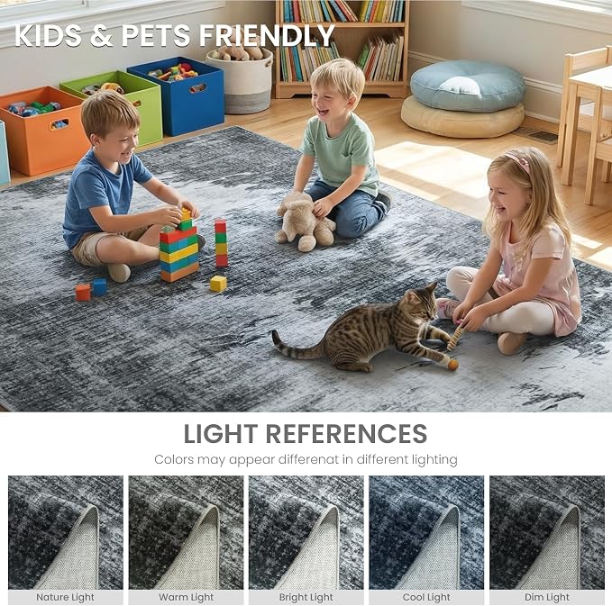 4x6ft Black and Grey Low-Pile Abstract Area Rug Mid-Century Modern | Machine Washable Non-Slip Stain Resistant Thin Carpet: TPR Back Pet and Kid Friendly for Living Room Bedroom Home Decor