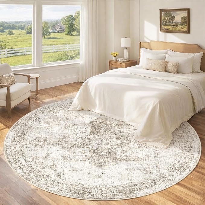 Round Rugs 6ft Washable Rug, Vintage Boho Medallion Rugs Non-Slip Soft Low Pile Circle Distressed Rug Indoor Retro Carpet for Living Room Bedroom Dining Room Home Office (Taupe, 6' Round)