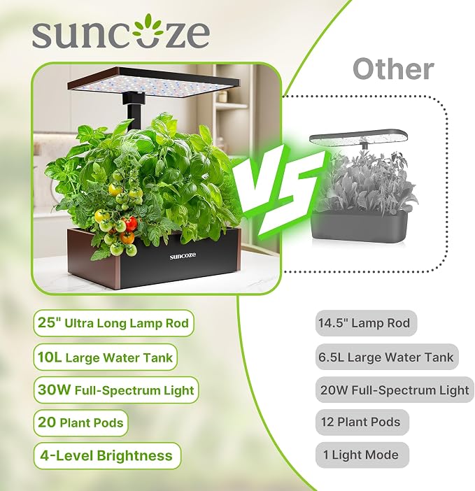 SUNCOZE Smart Hydroponics Growing System, 20 Pods, 25 in Adjustable Height | Indoor Herb Garden with 30W LED Grow Light, 10L Water Tank, Timer & Clock, Plants Germination Kit with Quiet Pump, Black