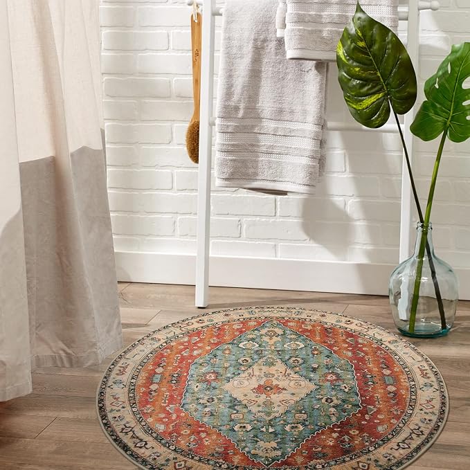 Lahome Felice Boho Tribal Round Rugs - 3Ft Small Entryway Round Area Rug Soft Bedroom Foyer Throw Mat Washable Non-Shedding Non-Slip Sofa Nursery Bathroom Carpet,Rust/Dull Teal