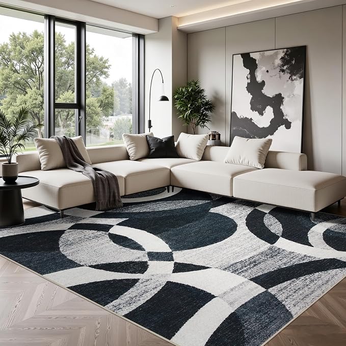 Joydeco Washable Geometric 8x10 Area Rugs for Living Room, Black Gray White | Non-Slip Low Pile Soft Stain Resistant Dark Gray Modern Pet Child Friendly Carpet for Bedroom Dining Room Home Office
