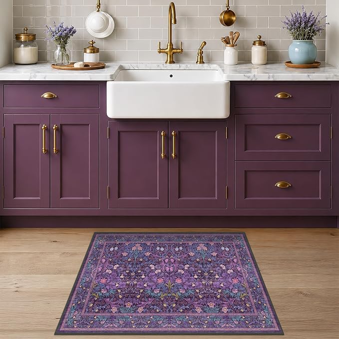 Washable Small Purple Rug 2x3 for Entryway Non Slip, Bohemian Throw Rug for Bathroom, Front Door Indoor, Mudroom, Kitchen, Vintage Plum Floral Décor, Stain & Fade Resistant