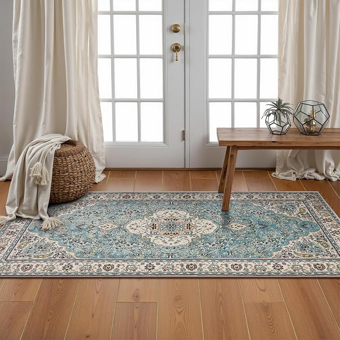 Lahome Felice Floral Medallion Area Rug - 2x4.3 Hallway Rug Runner Kitchen Sink Mat Turkish Faux Wool Non-Slip Washable Low-Pile Carpet for Indoor Laundry Bedroom Entrance Bathroom, Sky/Baby Blue