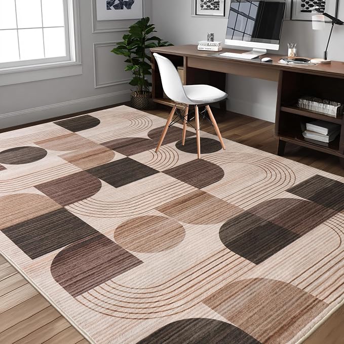 Soft Modern Geometric Abstract Machine Washable Large 8x10 Area Rug | Brown Rugs for Bedroom Living Room, Non-Shedding Faux Wool Indoor Throw Floor Carpet for Office Entryway Dining Room Decor