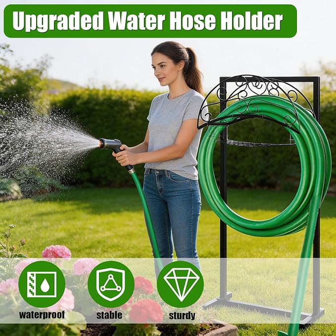 Heavy Duty Freestanding Garden Hose Reel with Storage Basket - Outdoor Hose Holder, Water Hose Storage Rack & Hanger for Yard, Lawn, Farm - Easy Roll for Outside