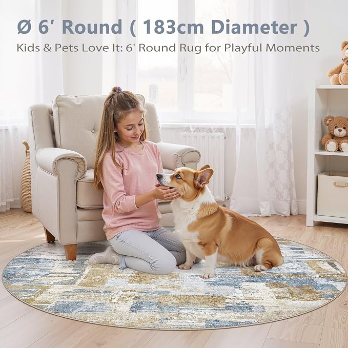 kakania Abstract 6x6 Round Rugs for Living Room: Circle Rugs 6FT Blue | Washable, Soft, Non-Slip, Low-Pile, Pet & Kid Friendly - Modern Home Decor Carpet for Bedroom/Dining Room/Nursery