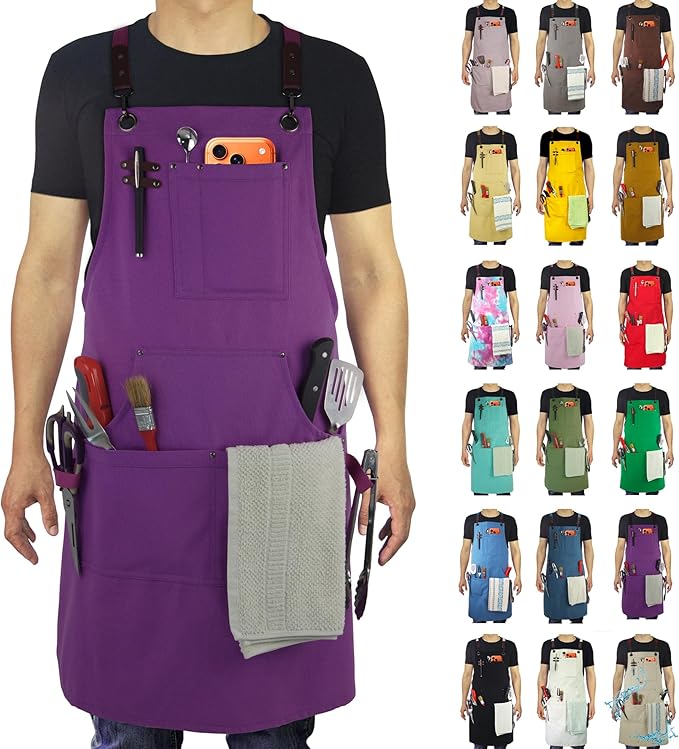 Kitchen Apron, Work Apron, Canvas, Multiple Pockets, Gardening, Painting, BBQ, Artist, Carpenter, Sizes M to XXL, Purple | Multiple Pockets, Gardening, Painting, BBQ, Artist, Carpenter, Sizes M to XXL