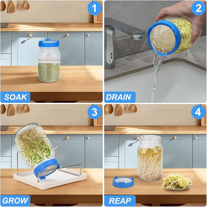  [Large Size] 68oz Sprouting Kit, 2 Sprouting Jar Kits, Wide Mouth Jars with Stainless Steel Screen Sprout Lid, 2000ml Sprouts Growing Kit, Seed Sprouter Set for Growing Broccoli, Bean, Alfalfa ﻿