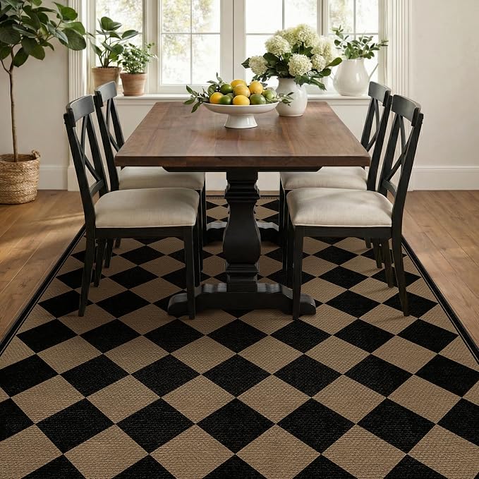 Easy Jute Indoor Outdoor Checkered Rug for Dining Room 6x9, Stain Resistant Non-Slip Geometric Black and Brown Diamond Living Room Rug, Durable Boho Border Low Pile Carpet Decor for Bedroom and Office
