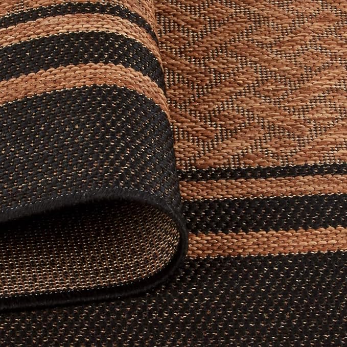 Gertmenian Indoor/Outdoor Flatweave Area Rug - 9x13 Extra Large, Stain & UV Resistant, Ideal For Deck, Patio, Poolside, Mudroom - Simple Border, Black/Tan, 22012