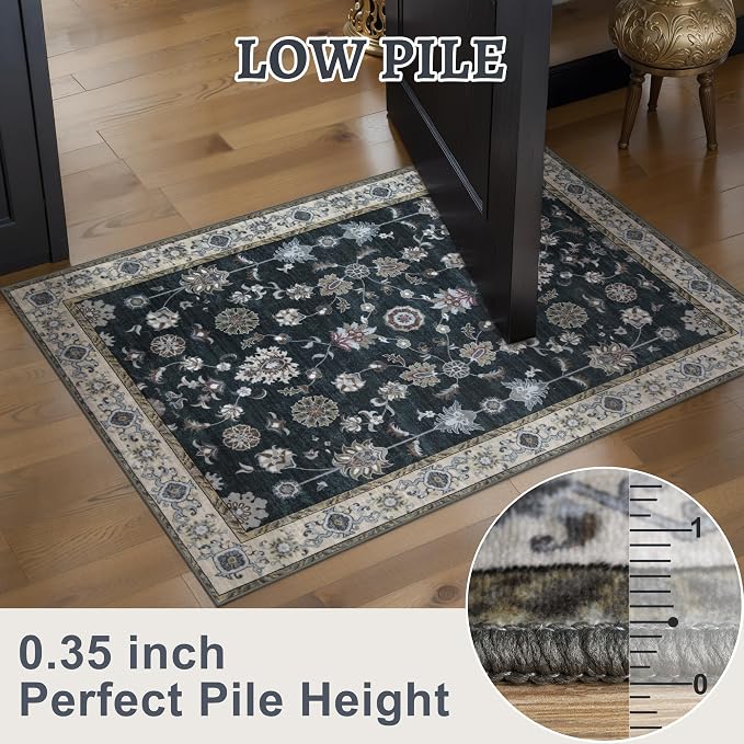 Tangsoo 2x5 Washable Runner Rugs for Hallway, Farmouse Non Slip Rug Runner | Vintage Soft Low Pile Rug Runner, Oriental Carpet Runners for Entryway Kitchen Bedroom Bathroom Living Room Black Home Decor