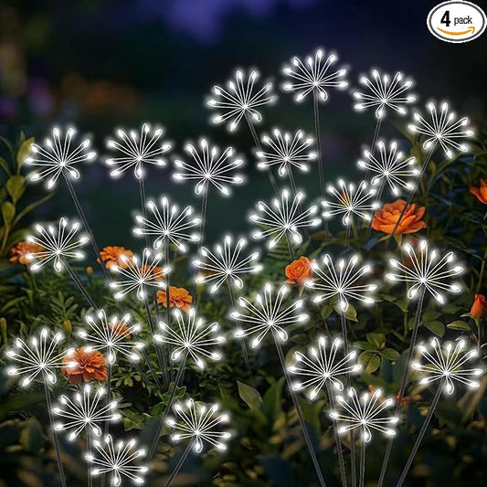 Solar Garden Lights Outdoor, Upgraded Solar Swaying Starburst Light Waterproof with 2 Modes, Solar Fairy Firework Lights for Yard Patio Pathway Flowerbed Balcony Garden Decoration (White, 4 Pack)