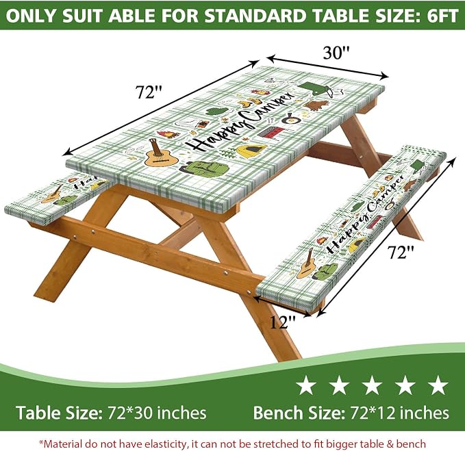 NYMB Picnic Table Cover with Bench Covers, Happy Camper Farm Plaid Fitted Table Cover, Outdoor Patio Camping Essentials, Waterproof Camping Fitted Tablecloth with Drawstring Bag, 30x72in (Green)