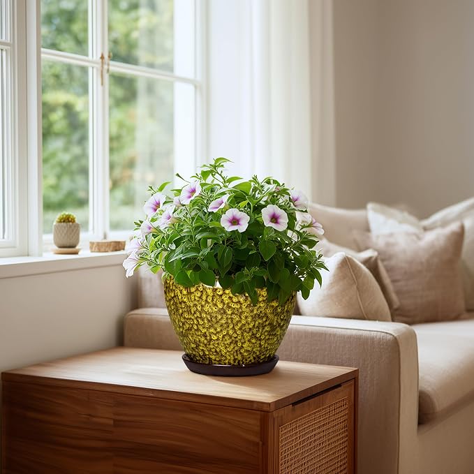 8 Inch Ceramic Flower Pot, Yellow Leopard | Drainage Hole and Saucer, Indoor Outdoor Use, Round Plant Pot, Decorative Planter