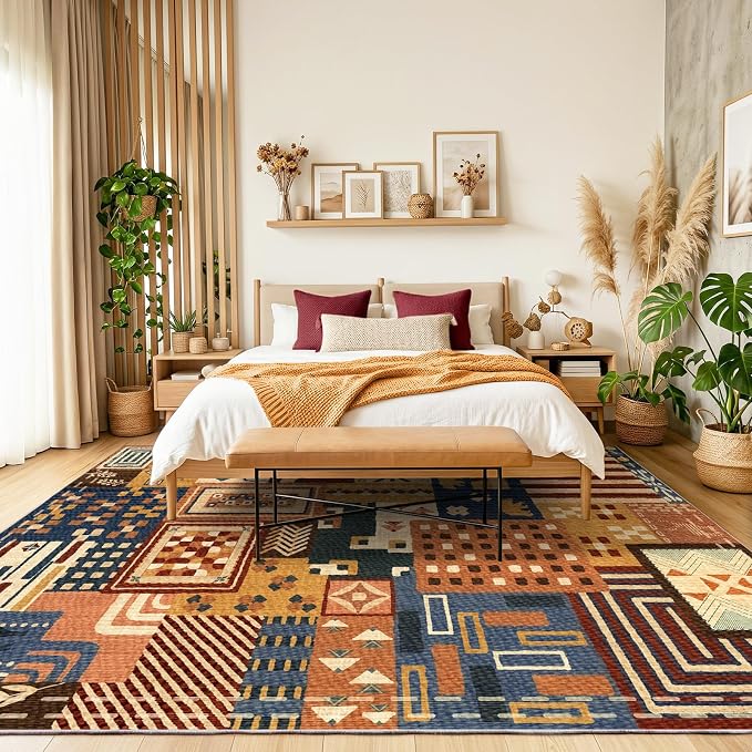 Awaytail Washable 8x10 Area Rug for Living Room, Navy Rust Animal Patchwork | Soft Faux Wool Low-Pile Large Rug with Non-Slip TPR Backing for Living Room, Bedroom, Dining Room and Home Office