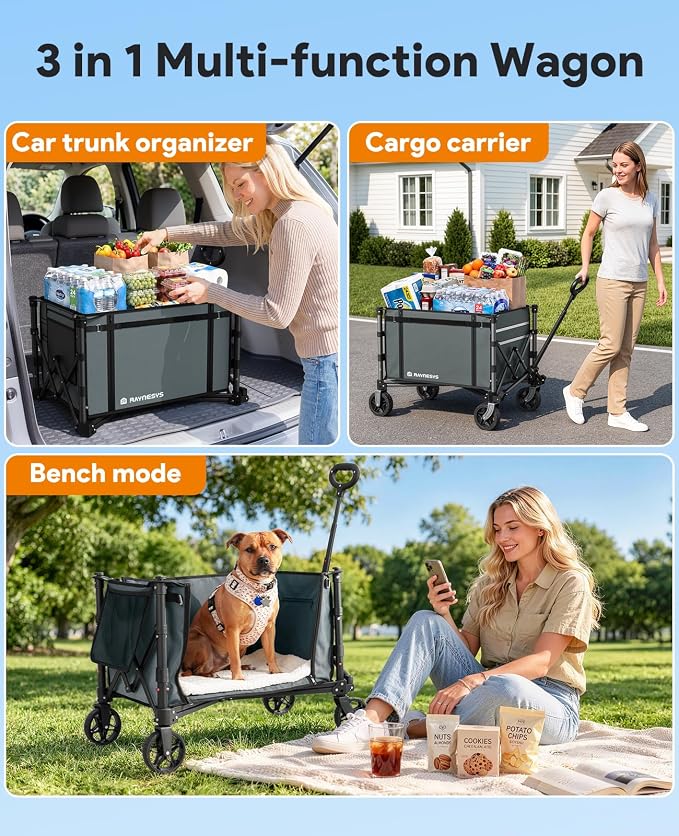 Collapsible Wagon Cart with Wheels 220lbs Foldable Wagon 120L Shopping Cart for Groceries Folding Utility Wagon for Beach, Garden, Camping, Sport, Apartment, Wheelbarrows, Gray