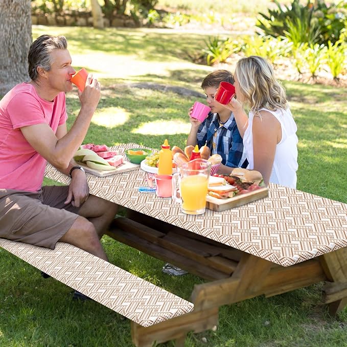 Picnic Table Cover with Bench Covers Elastic Edges, Boho Camper Fitted Table Cover, Outdoor Patio Camping Essentials 72 Inch 3PCS, Waterproof Camping Fitted Tablecloth with Drawstring Bag