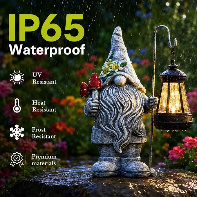 Garden Gnome with Solar Lantern: Outdoor Weatherproof Statue | Home Yard Lawn Porch Balcony Patio Decor,Birthday Gifts for Mom Women Grandma
