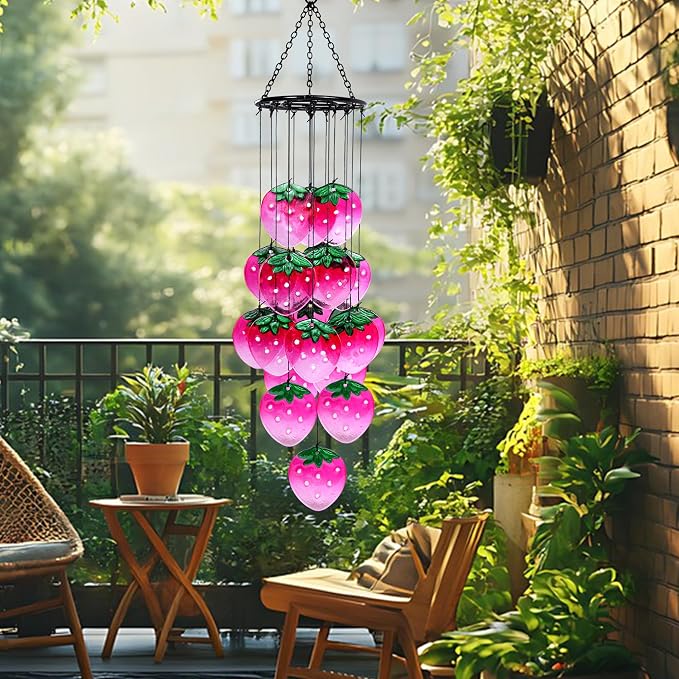 Glass Strawberry Wind Chimes - Hand-Painted Glass Strawberry Suncatcher for Window,Outdoor Garden Decor,Colorful Strawberry Ornaments Hanging Wall Art for Patio,Unique Memorial Gifts for Women & Mom