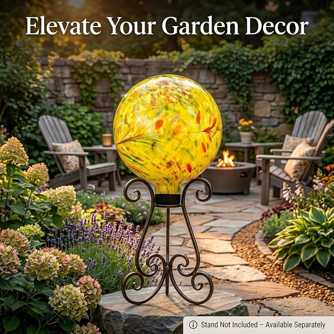 Glass Outdoor Gazing Globe, 10" Hand Blown Yellow Swirl Gazing Ball | Decorative Garden Orb for Yard, Patio, Lawn & Flower Beds