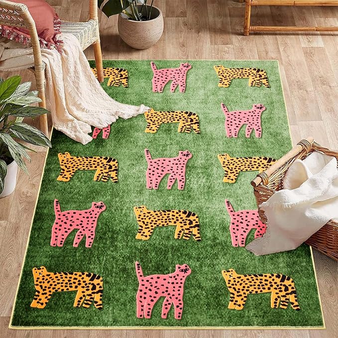 Leopard Washable Rugs, Green Cute Cheetah Tropical Animals Boho Vintage Distressed Hippie 5x7 Area Rugs for Dining Living Room Bedroom Kitchen Nursery, Oriental Aesthetic Tribal Indoor Entryway Carpet