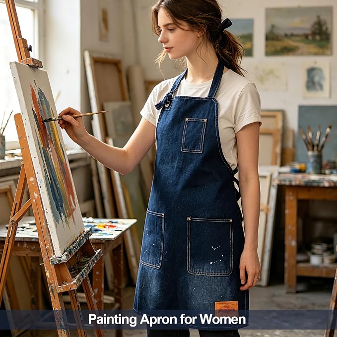 Denim Chef Apron for Women with Pockets, Jean Waitress Server Kitchen Apron for Men Cooking Gardening Painting