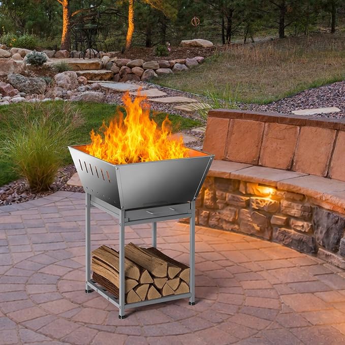 24" Fire Pit with Wood Storage, Fire Pits for Outside Wood Burning, Silver | Premium Stainless Steel, Low-Smoke Design, Removable Ash Tray, Heat-Proof Handles, for Grilling, Heating & Firewood Storage