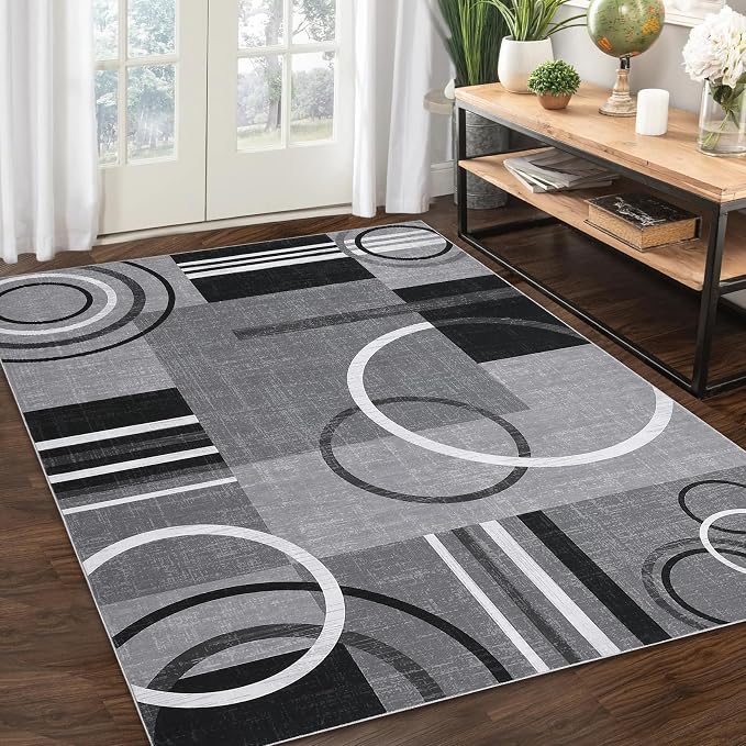 RUGSREAL Washable Rug 5x7 Abstract Circles Area Rugs Non Slip Floor Carpet | Contemporary Soft Rug Low Pile Accent Rugs for Indoor Living Dining Room
