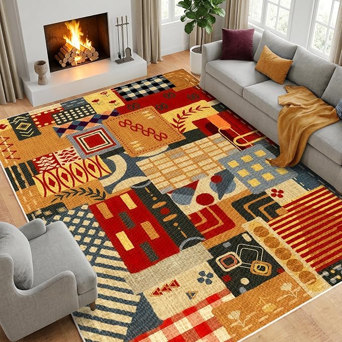 8x10 Tribal Patchwork Area Rug for Living Room, Geometric Boho Large Rug | Colorful Vintage Rustic Rugs Non Slip Carpet| Indoor Rug for Dining Room Bedroom Office Entryway Decor| Memphis-Inspired Rug