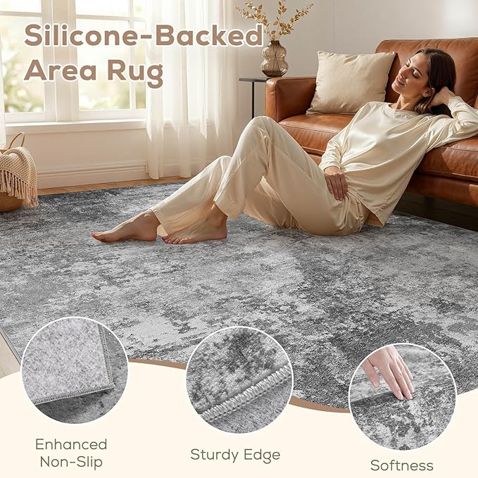 Nakagishi 12X15 Abstract Washable Area Rugs for Living Room-Grey | Modern Non-Slip Silicone Backing Low Pile Soft Carpet for Bedroom Dining Decor Ideal for Families with Kids and Pets