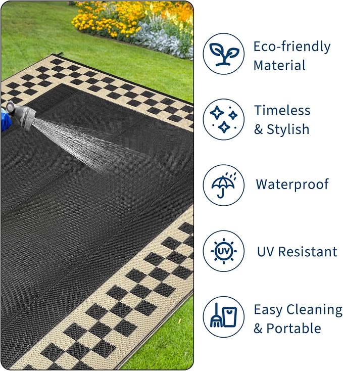 9x12 Outdoor Rug Waterproof Foldable Plastic Straw Carpet for Patio Porch Modern Geometric Border Reversible Mat Lightweight Floor Mat for Picnic, Backyard, Rv, Beach, Deck，Black/Coffee