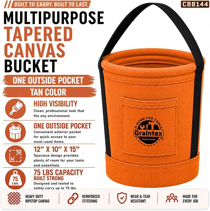 Graintex Tapered Canvas Bucket 12"x10"x15", Utility Tool Bucket One Inside Pocket, Reinforced Base & Carry Handle, Ripstop Canvas - Tan