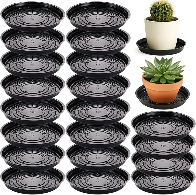 20 Packs 12 Inches Large Black Plant Saucers for Indoor Outdoor Use Heavy Duty Plastic Plant Trays for Planter Bulk Flower Pot Drip Trays to Catch Water, 4 to 20 Inch
