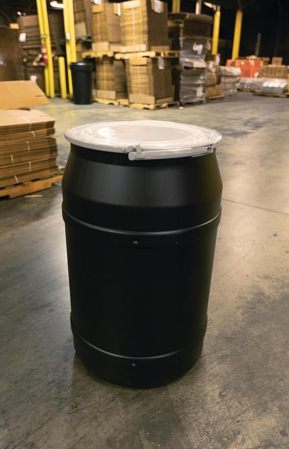 Eagle 55 Gallon Plastic Drum with Lid, Metal Lever-Lock, 36.4"x22.5", Open Head Lab Pack Drum Made of Durable, Lightweight HDPE, Withstands Weather and Chemicals, Made in USA, Black, 1656MBLK