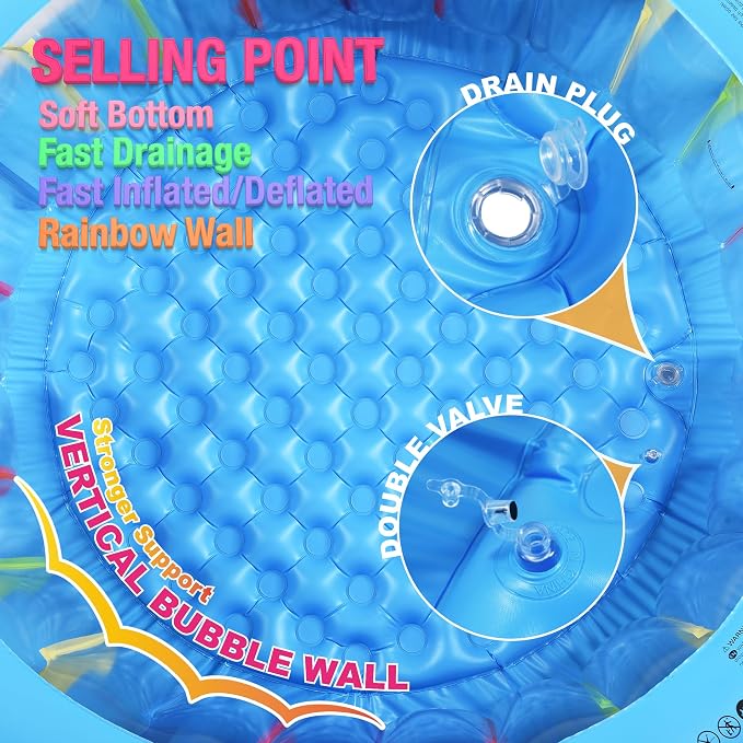 Inflatable Kiddle 62in Kids Swimming Rainbow Pool with Soft Floor, Blow Up Ball Pit Pool, Backyard, Garden, Outdoor, Party