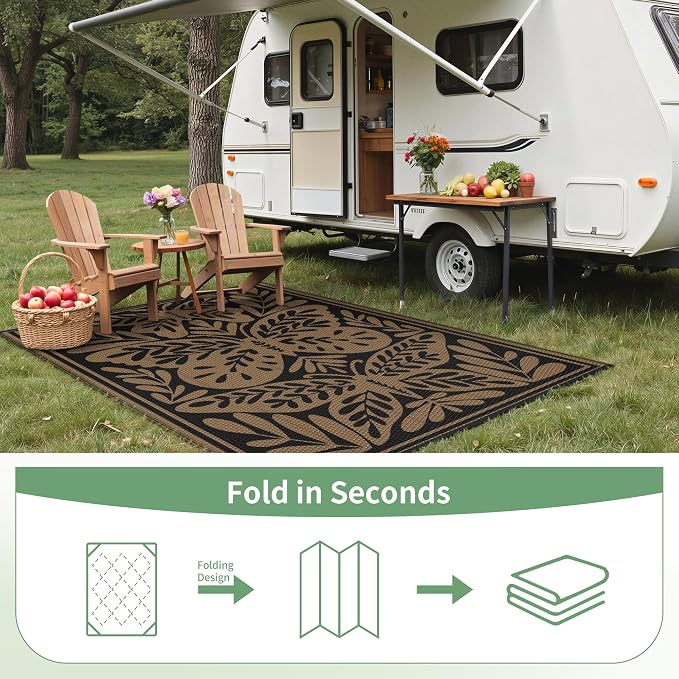 GENIMO Outdoor Rug 5' x 8' Waterproof for Patio Clearance, Reversible Plastic Straw Camping Mat, Lightweight Carpet for Rv, Camper, Deck, Porch, Picnic, Balcony, Beach, Jet Black & Brown