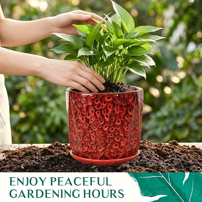 7.8 Inch Ceramic Plant Pot with Drainage Hole Mesh Net, Large Flower Pots for Indoor Plants with Saucer, Gardening Pots Outdoor (Red)