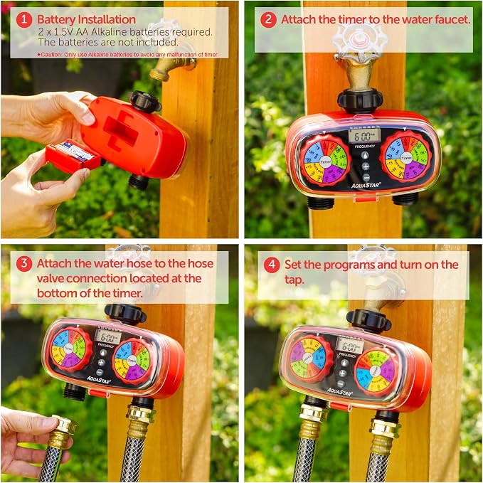 AQUASTAR Two-Zone Hose Watering Timer (Red) Garden Hose Sprinkler Timer, Automatic Irrigation for Lawn, Garden, Yard, Two Outlets