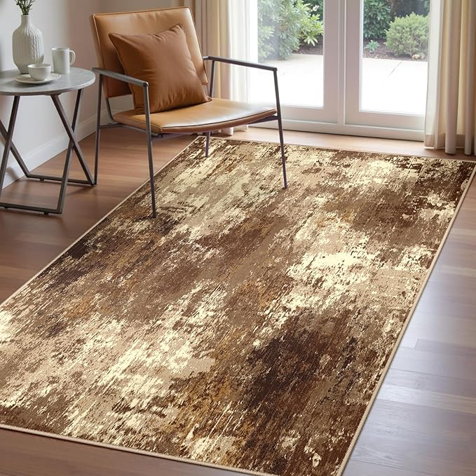 RELEANY Washable 3'x5' Abstract Area Rug for Living Room Brown Tan | Carpet for Bedroom, Kitchen, Office, Hallway and Entryway, Printed Pattern, Non‑Slip, Soft, Stain‑Resistant, Easy to Clean