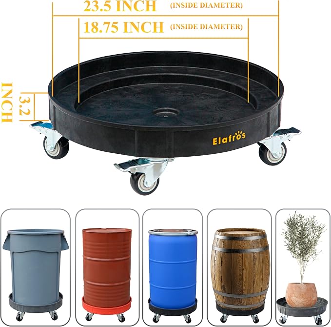 ELAFROS 30 Gallon and 55 Gallon Heavy Duty Plastic Drum Dolly – Durable Plastic Drum Cart 900 lb. Capacity- Barrel Dolly with 5 Swivel Casters Wheel, Black, with Brake