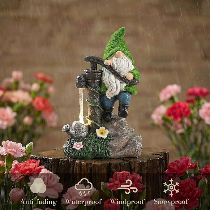TERESA'S COLLECTIONS Garden Decor, Garden Gnomes Pumping Water,Gnomes Decor, Waterproof Resin with Solar Lights, Garden Decor, Garden Gifts for Mom,Indoor/Outdoor,9"