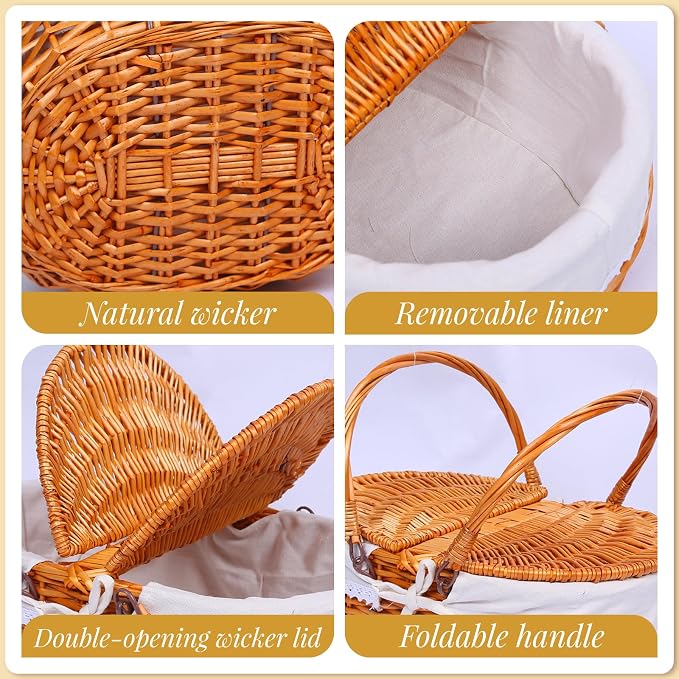Wicker Picnic Basket with Handle, 15" Large Picnic Basket with Lid & Removable Liner, Vintage Hand Woven Basket with Cutlery Set for Picnics, Camping, Thanksgiving, and Birthday