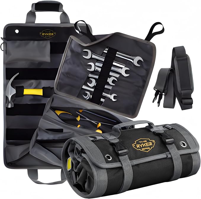 Ryker PRO Heavy Duty Motorcycle Tool Roll Up Bag w/Socket Wrench Organizer | Motorcycle Dad Gifts for Men. Off Road Roll Up Tool Bag w/ Accessible Pouches and Pocket Labels. Overland Gear Tools Bag Kit