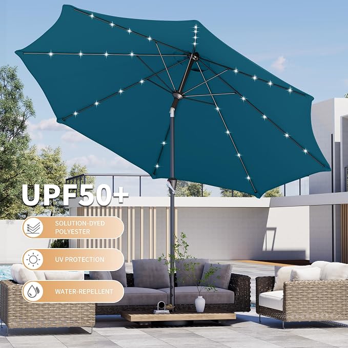 Kingdura 9FT Outdoor Patio Umbrella with Solar Lights, Market Table Umbrella with Push Button Tilt & Crank, 8 Sturdy Ribs, 32 LED Lights, UV Protection for Garden Lawn Deck Backyard Pool (Lake blue)