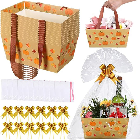 Qinyoung 12 Pcs Fall Basket for Gifts Empty 9.8 x 6.5'' Pumpkin Maple Leaves Gift Basket Empty to Fill with Handles, Bows, Plastic Bags and Twist Ties for Autumn Thanksgiving Party Favor Supplies