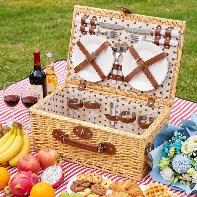 Multifunctional Wicker Picnic Basket Set for 4 Blanket Family Folding Wine Table,Insulated Portable Extra Big Storage Capacity Woven Rattan Canasta De Full Tablewares Camping Outdoor Flowers Star