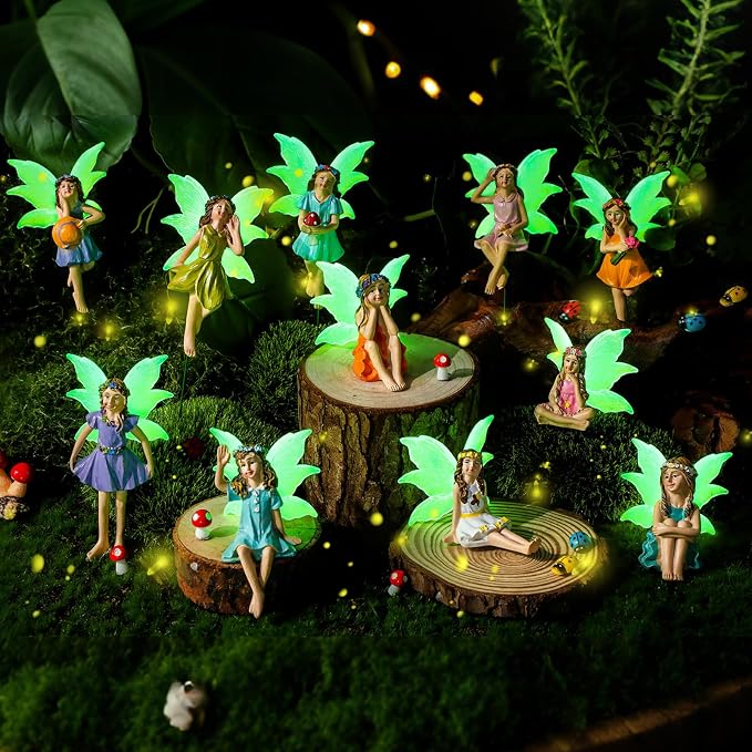 Suzile 11 Pcs Mini Fairies Figurines Miniature Fairy Resin Figurines with Luminous Wings Garden Accessories for Outdoor Yard Pot Plants and Mini Garden Lawn Decorations