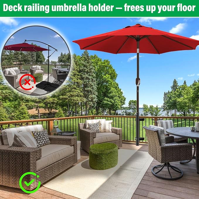 Heavy Duty Deck Railing Umbrella Holder, Adjustable Patio Umbrella Stand for 1-2 Inch Poles, Secure & Sturdy Railing Mount with Locking Pin, Maximizes Deck Space